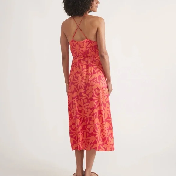 Floral Pink/orange wrap back cross Midi Dress casual classic summer - Picture 2 of 6